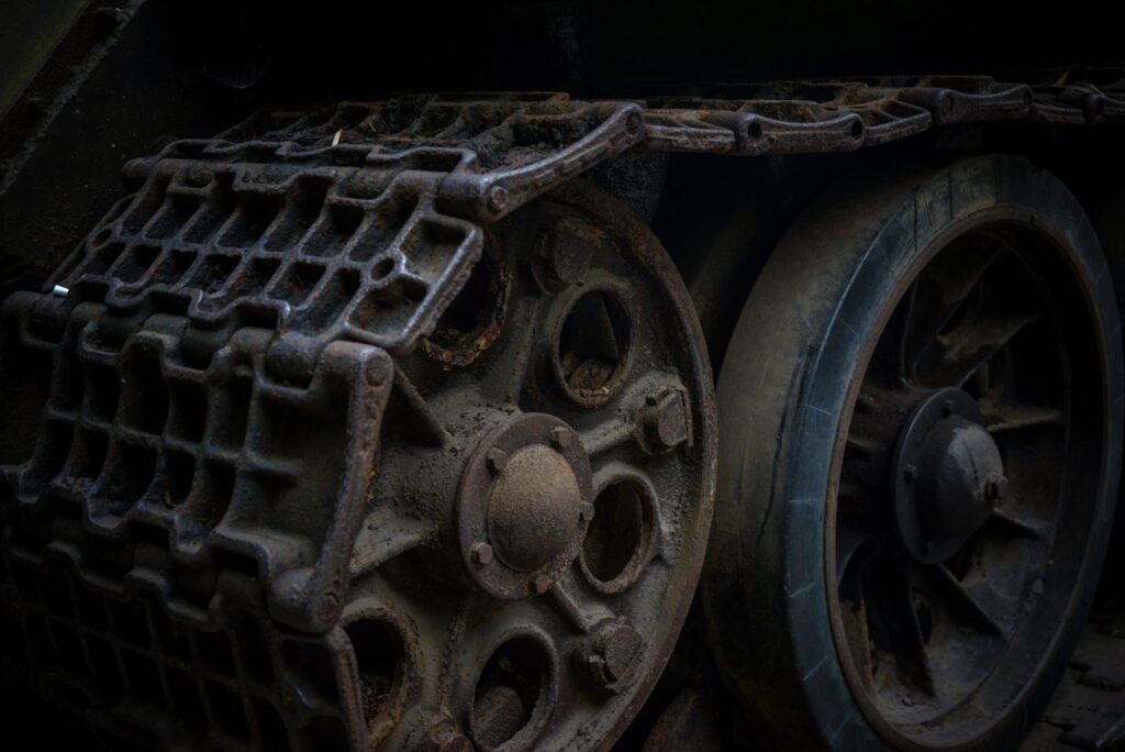 Close up of track and wheels of tank
