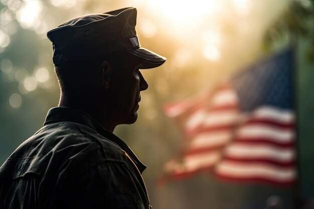 Soldier against the background of the American flag